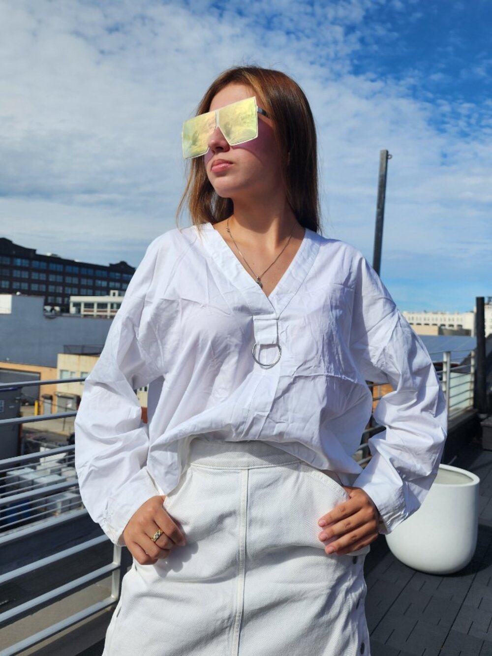 Tibi White V-Neck Poplin Blouse with Silver Ring Detail XS